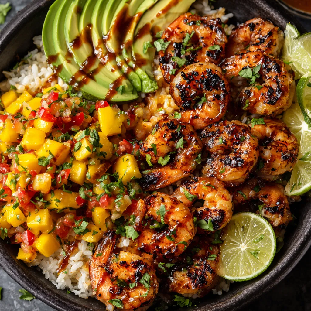 A bowl of shrimp and avocado with mango salsa and lime chili sauce.