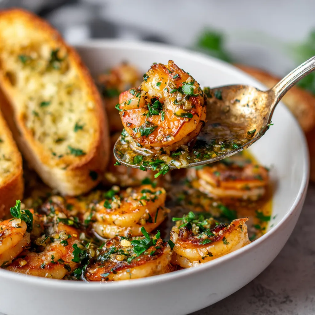 A bowl of shrimp scampi with garlic bread.