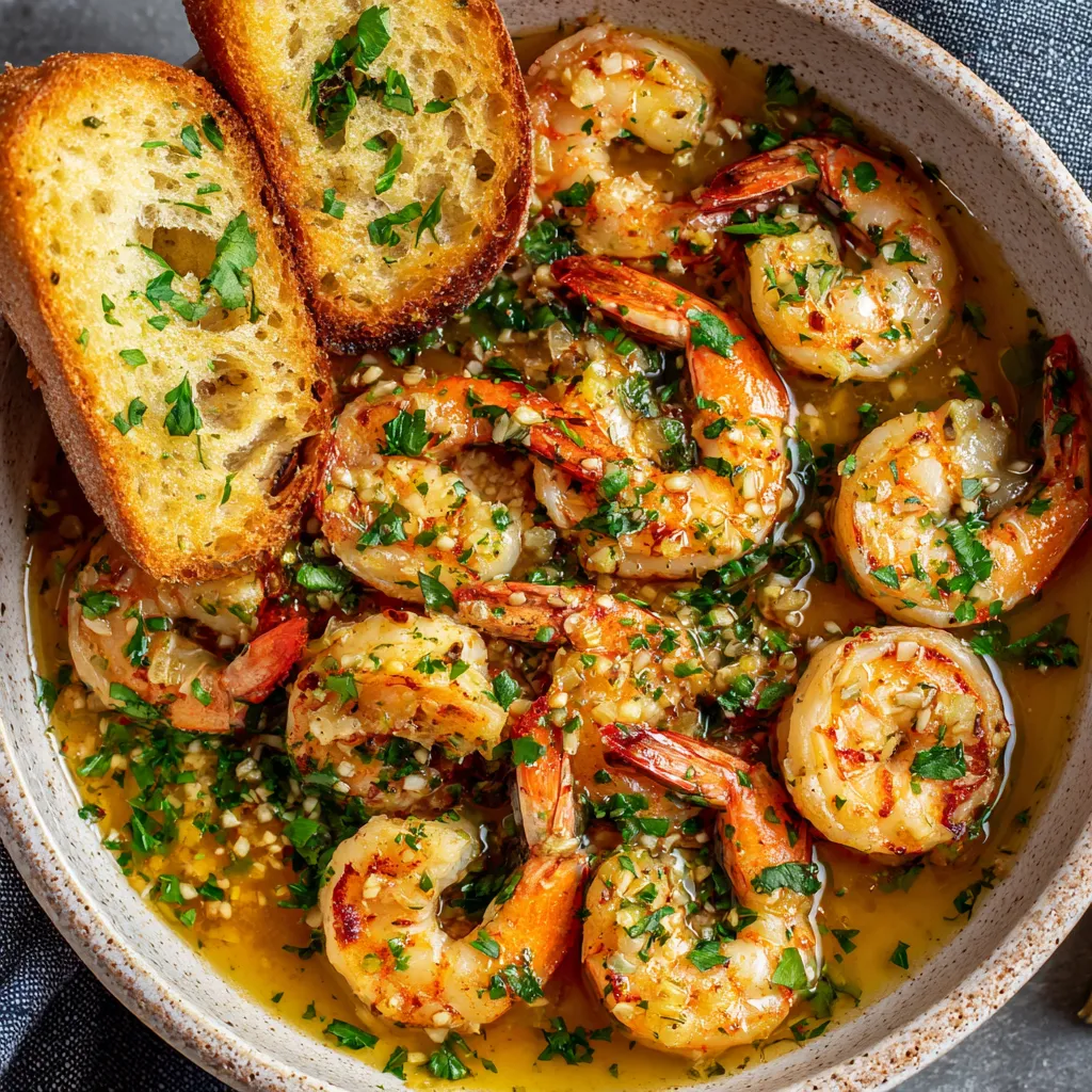 A bowl of shrimp and bread.
