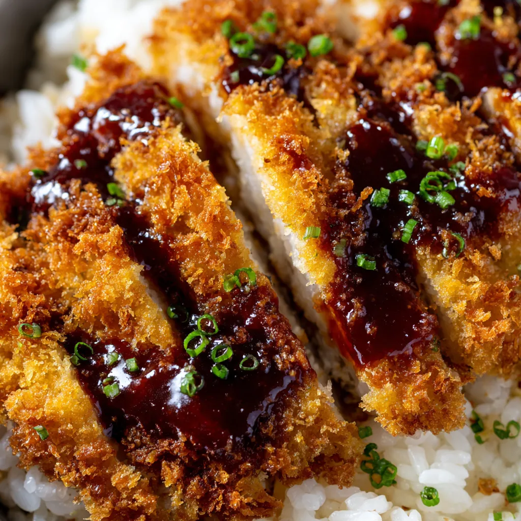 A close up of a Japanese Katsu Bowl with Tonkatsu Sauce.
