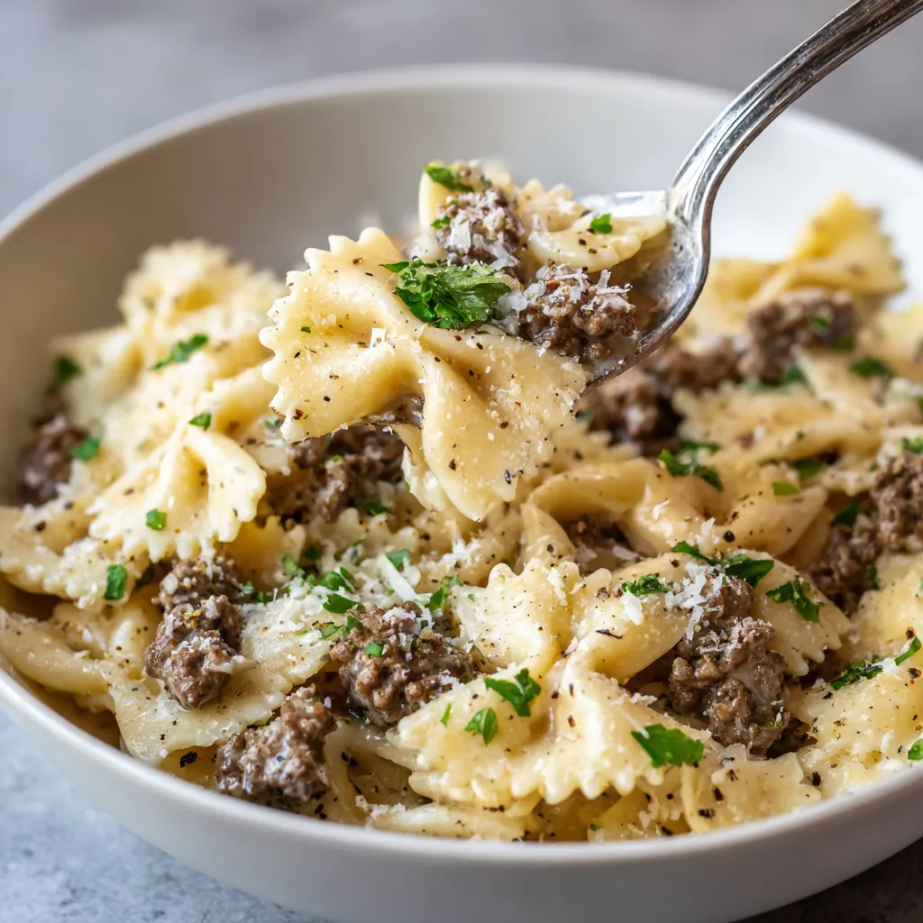 A bowl of beef and bowtie pasta with Alfredo sauce.