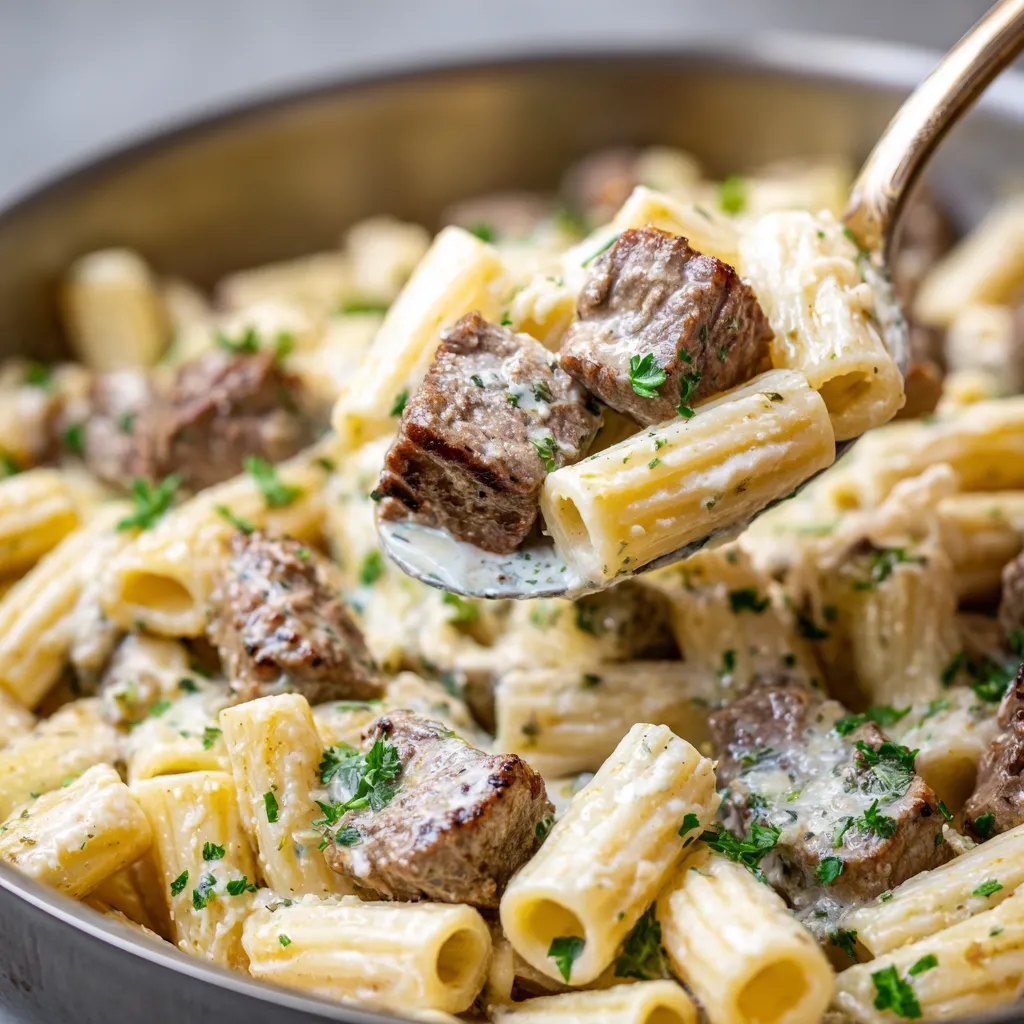 A close up of a spoon in a bowl of pasta.