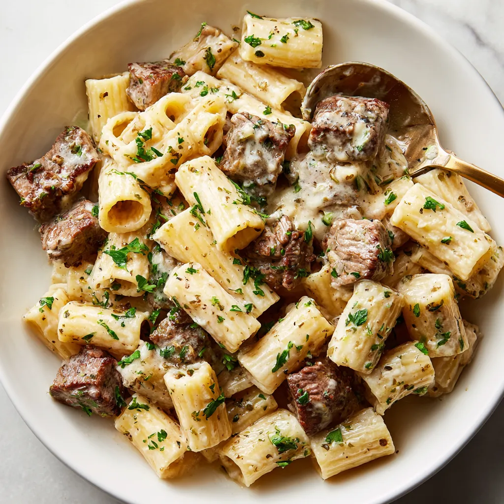 A bowl of pasta with meat and cheese.