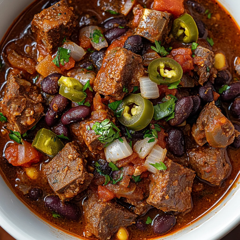 A bowl of chili with meat and vegetables.