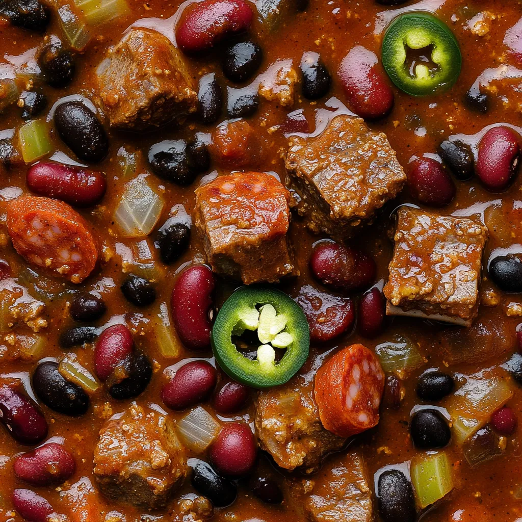 A bowl of chili with beans, peppers, and meat.