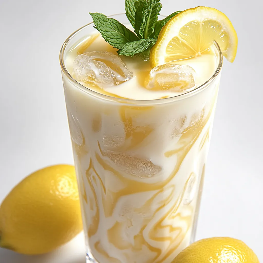 A glass of condensed milk lemonade with a lemon wedge on top.