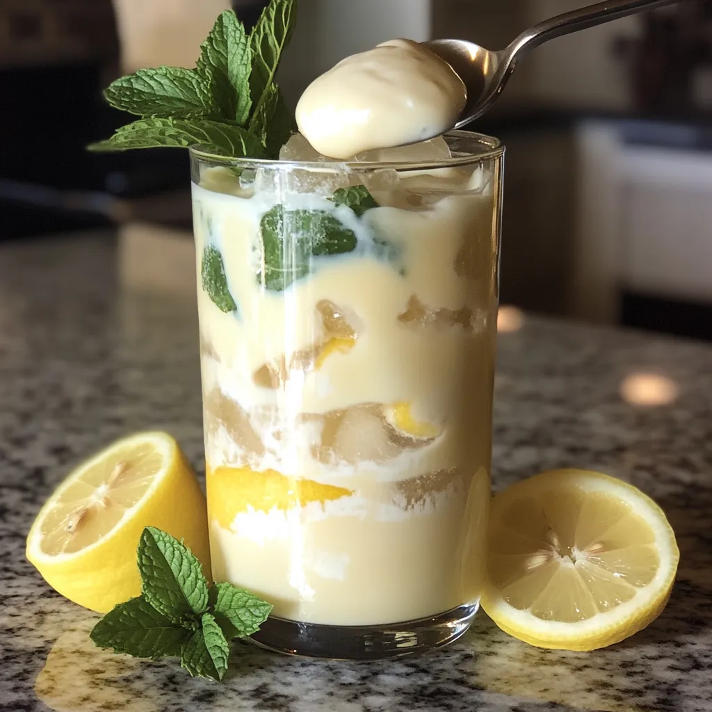 A glass of lemon yogurt with mint leaves on the side.
