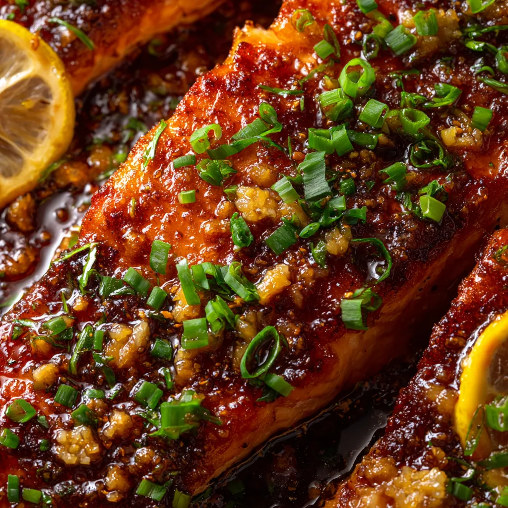 Glazed Brown Sugar Soy Salmon with Garlic and Lemon.