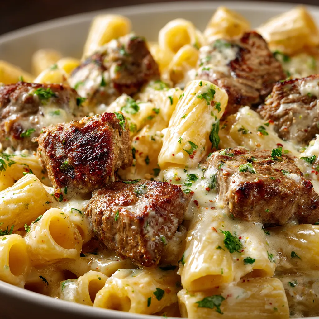 A plate of Cajun steak tips in cheesy rigatoni parmesan sauce.