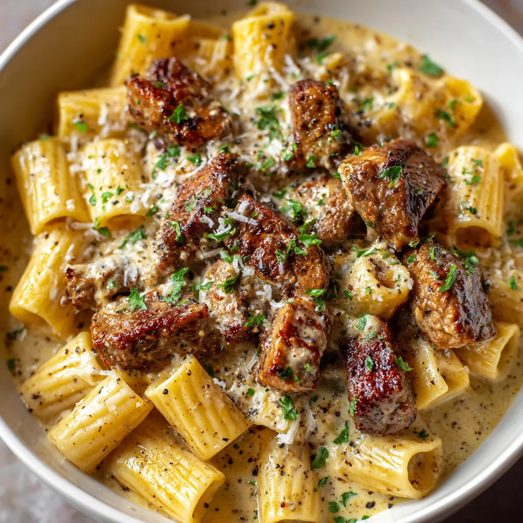 A bowl of pasta with meat and cheese.