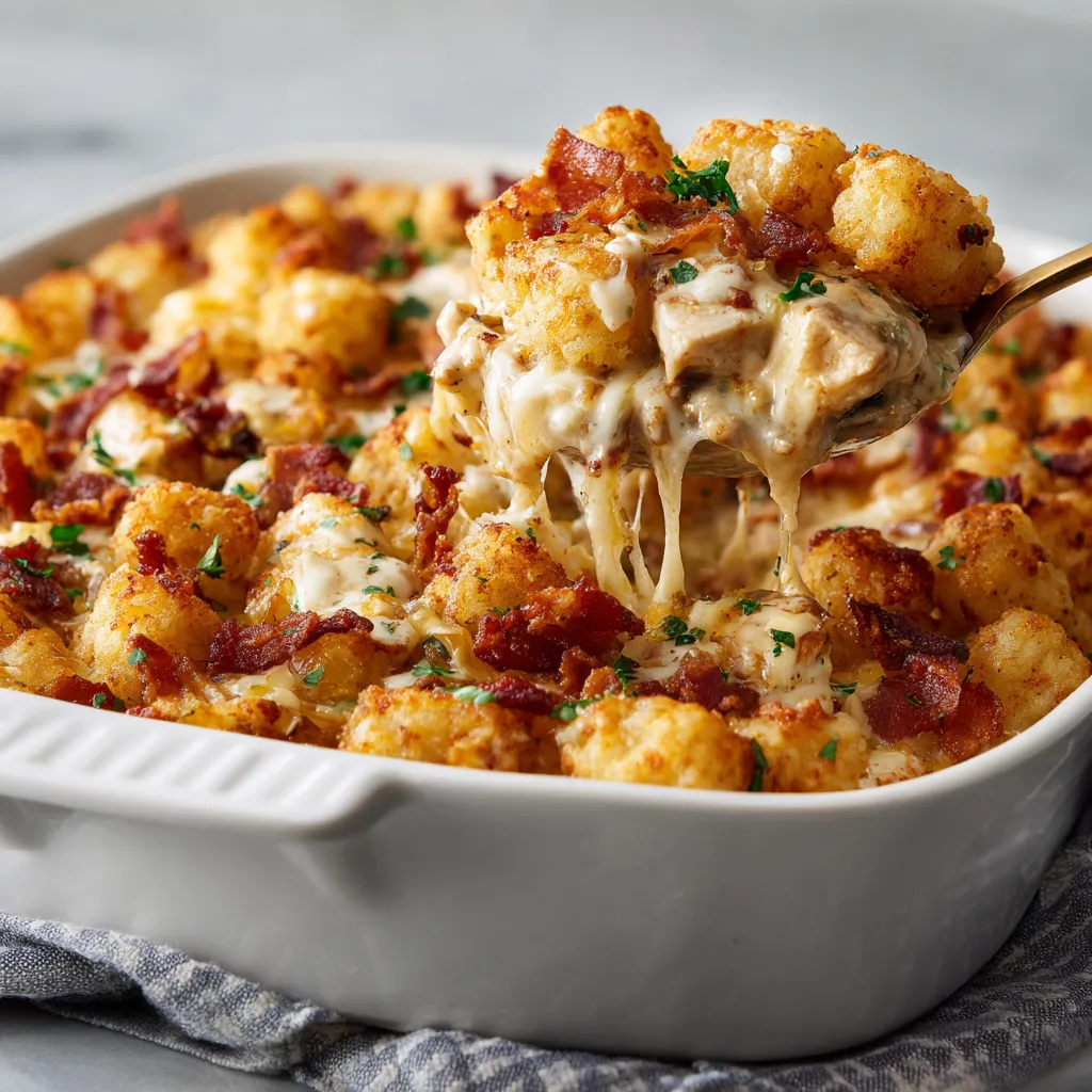 A white bowl filled with a chicken bacon ranch tater tot casserole.