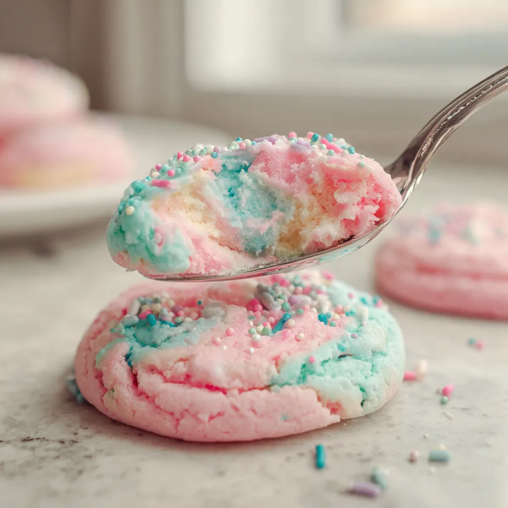A spoon is in a pink and blue cotton candy cookie.