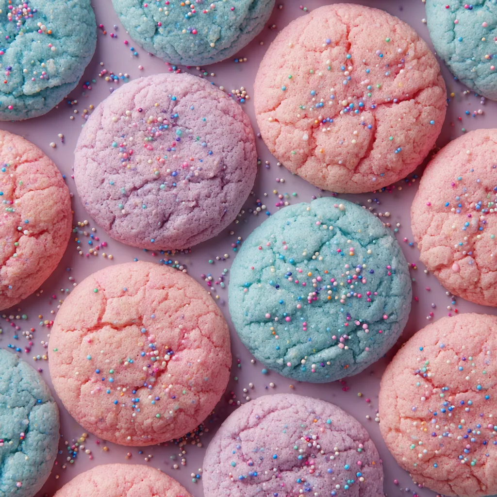 A pink, blue and purple cookie with sprinkles.