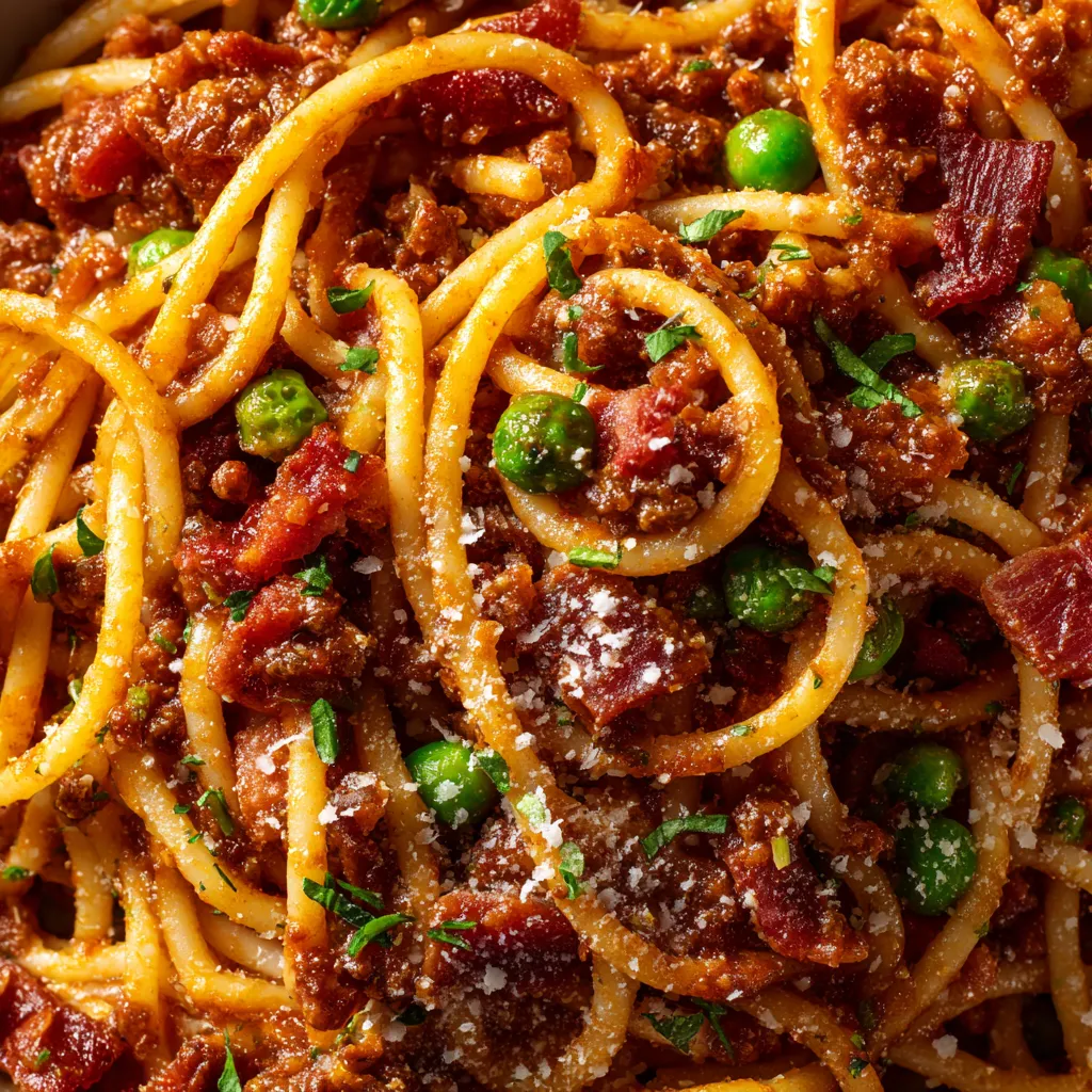 A close up of spaghetti with meat sauce and peas.