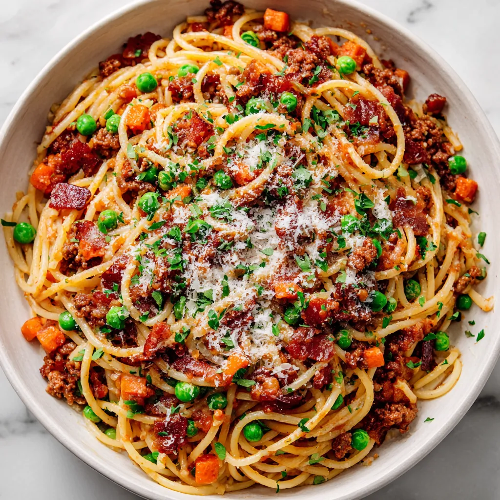 A bowl of spaghetti with meat and peas.