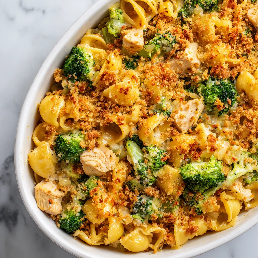 A bowl of pasta with broccoli and chicken.