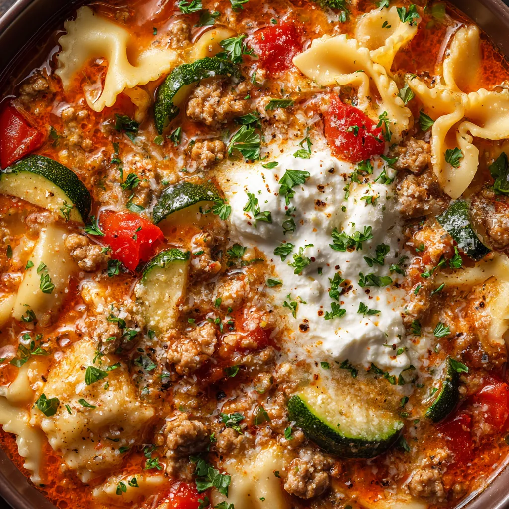 A bowl of sausage lasagna soup with noodles and vegetables.