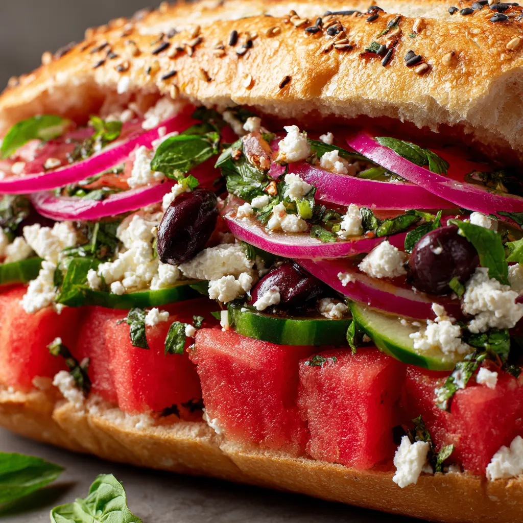 A sandwich with watermelon, cucumber, and feta cheese.