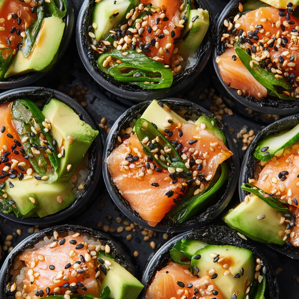 A plate of sushi with black topped with sesame seeds.