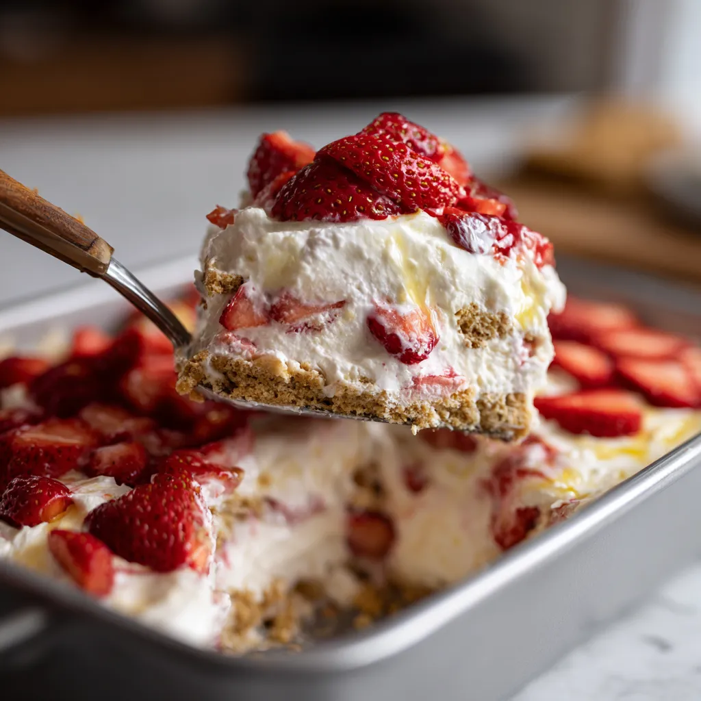 A slice of strawberry lemonade icebox cake.