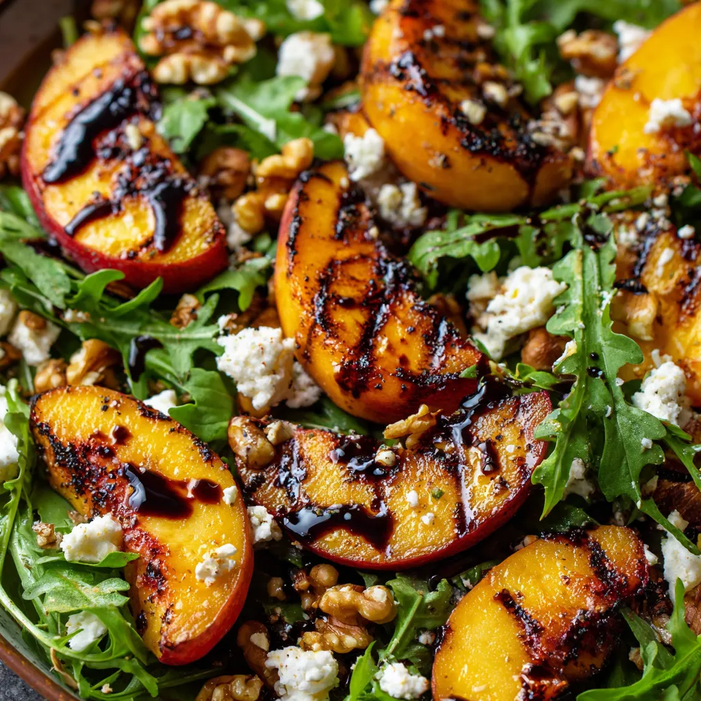 Grilled peach salad with feta and balsamic glaze.