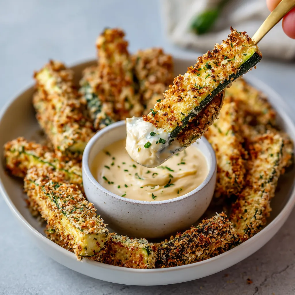 A bowl of crispy zucchini fries with garlic aioli.