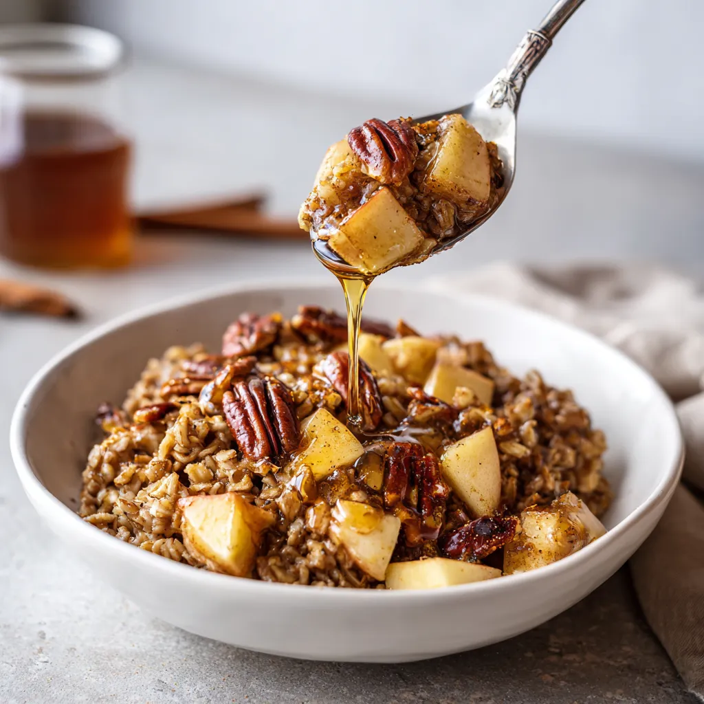 A bowl of oatmeal with cinnamon and apple slices.