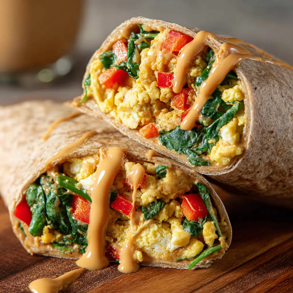 A breakfast burrito with peanut butter and egg.