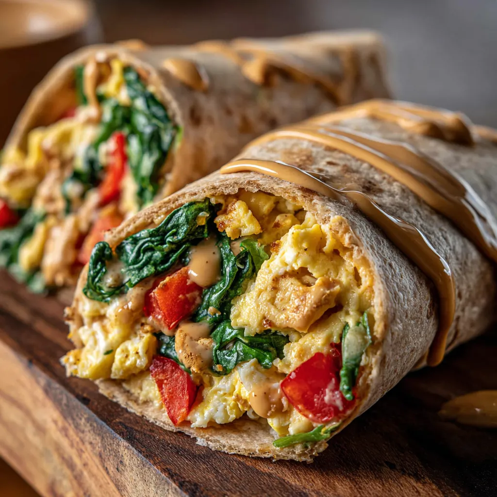 A wrap with eggs, tomatoes, and spinach.