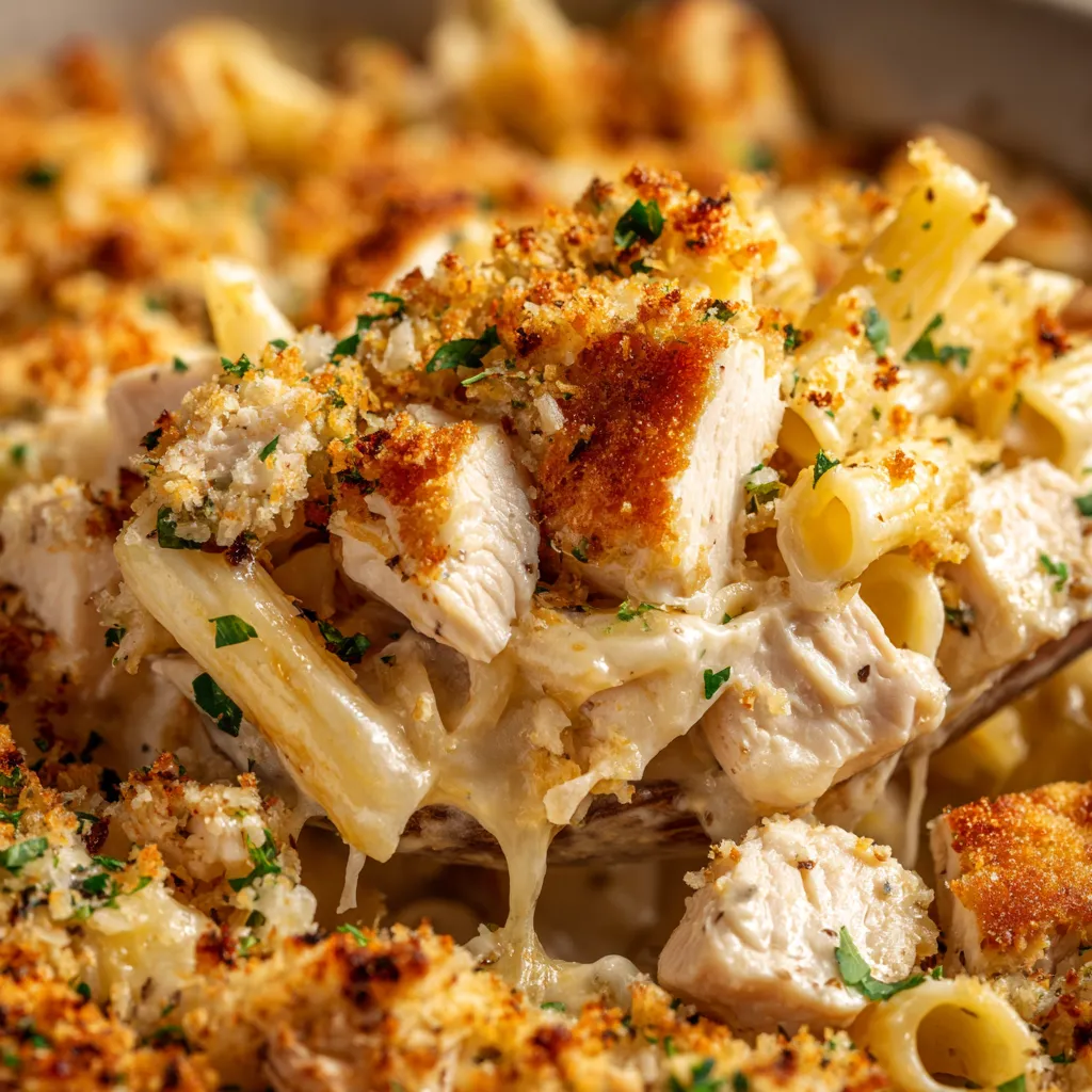 A close up of a delicious garlic Parmesan chicken pasta bake.