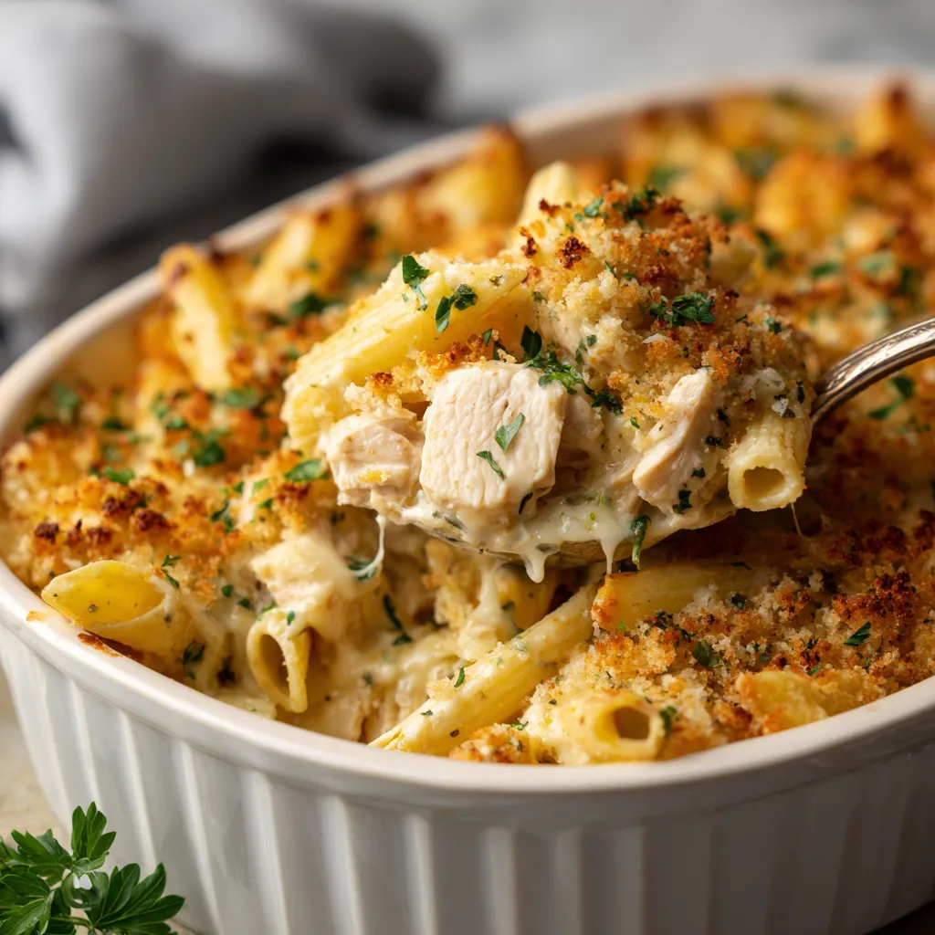 A bowl of pasta with chicken and cheese.