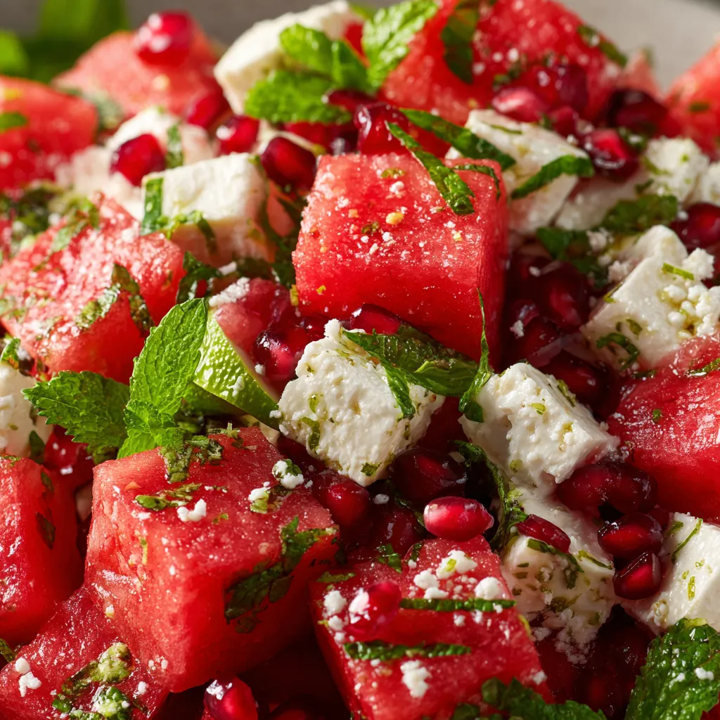 A salad with watermelon, feta cheese, and pomegranate.