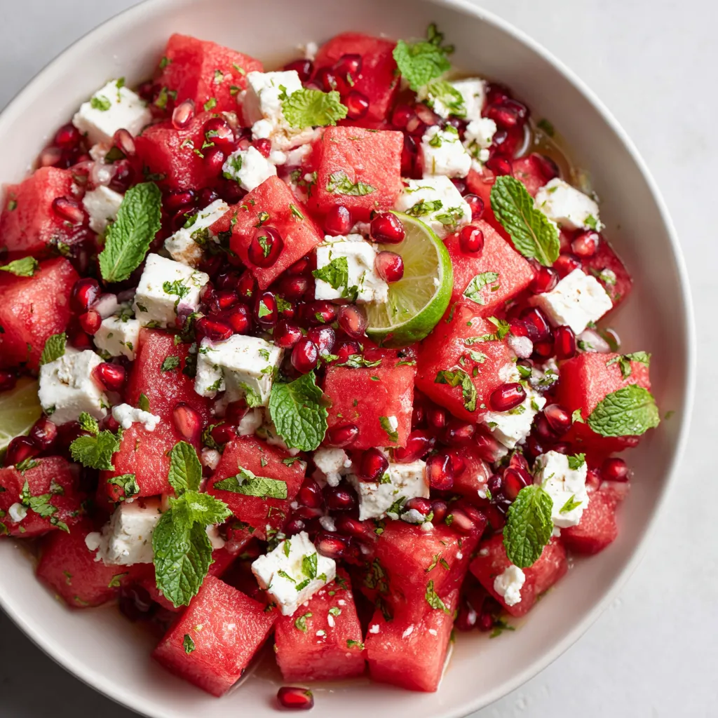 A white bowl filled with watermelon and feta cheese.