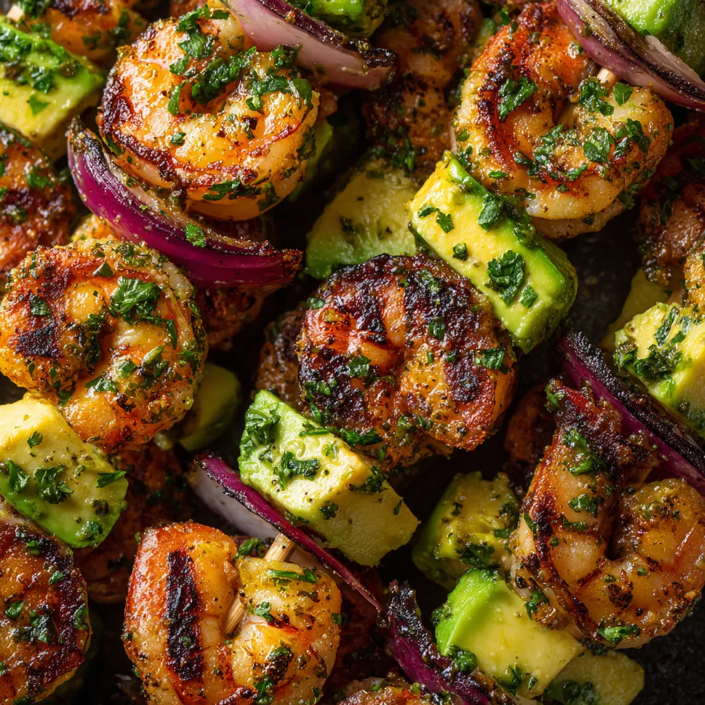 Shrimp and avocado skewers with garlic.