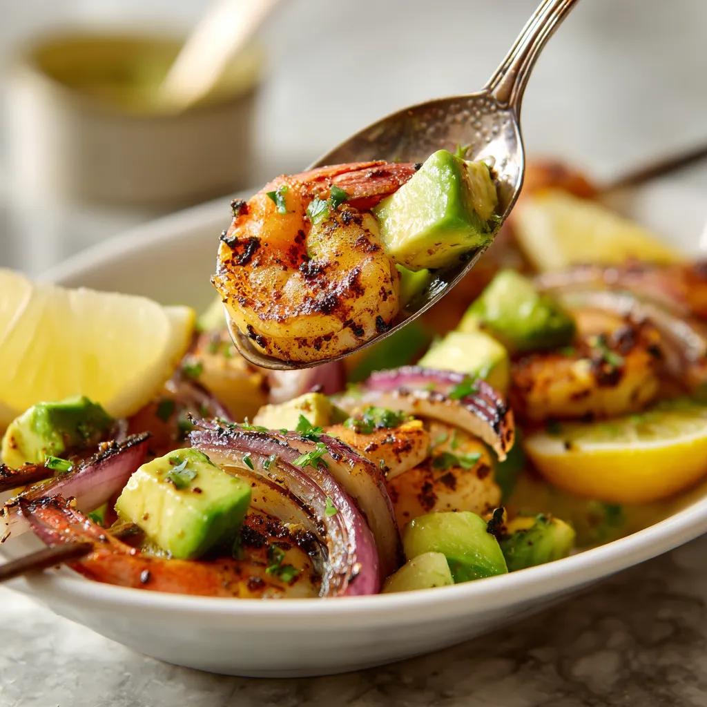 A spoon is being used to eat shrimp and avocado.