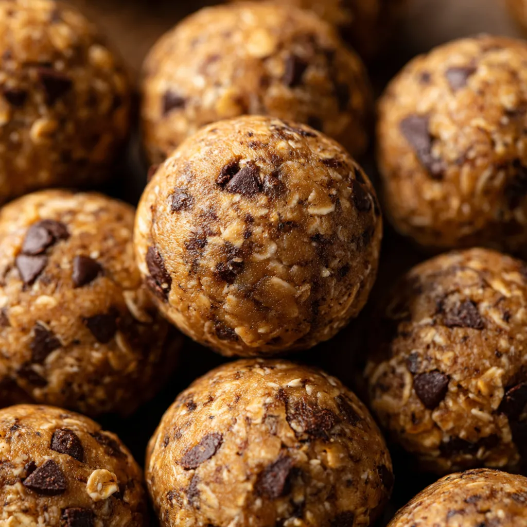 A pile of peanut butter chocolate chip protein balls.
