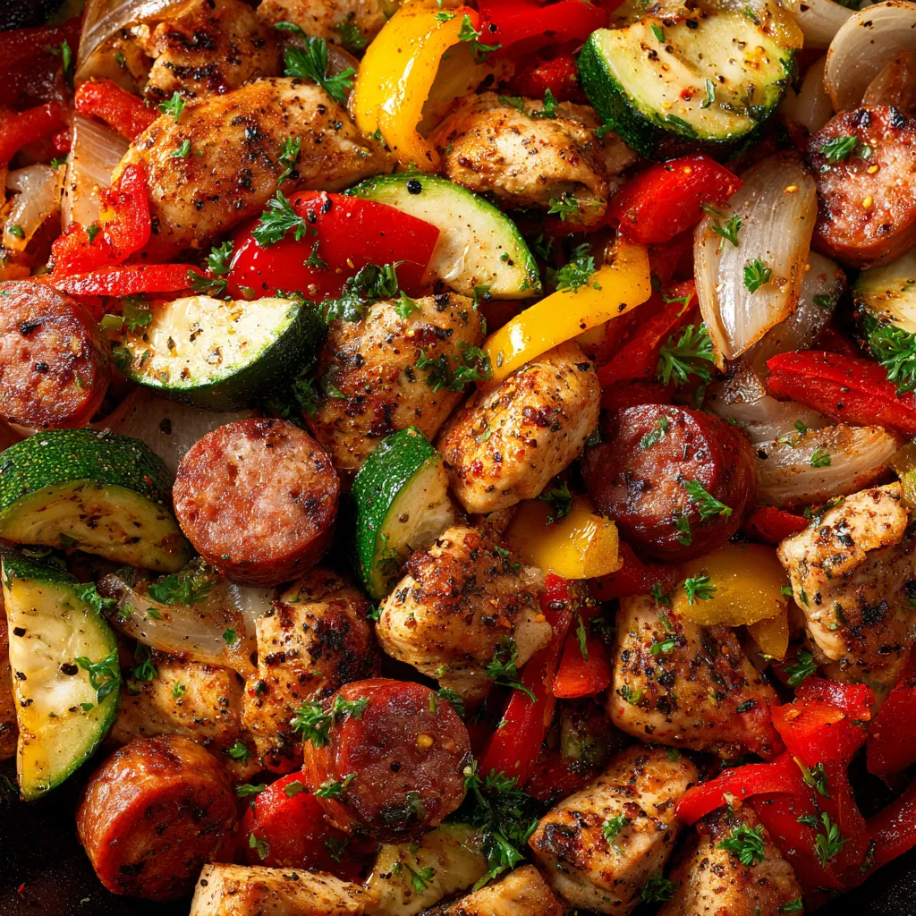 A skillet filled with chicken, sausage, peppers, onions, and zucchini.