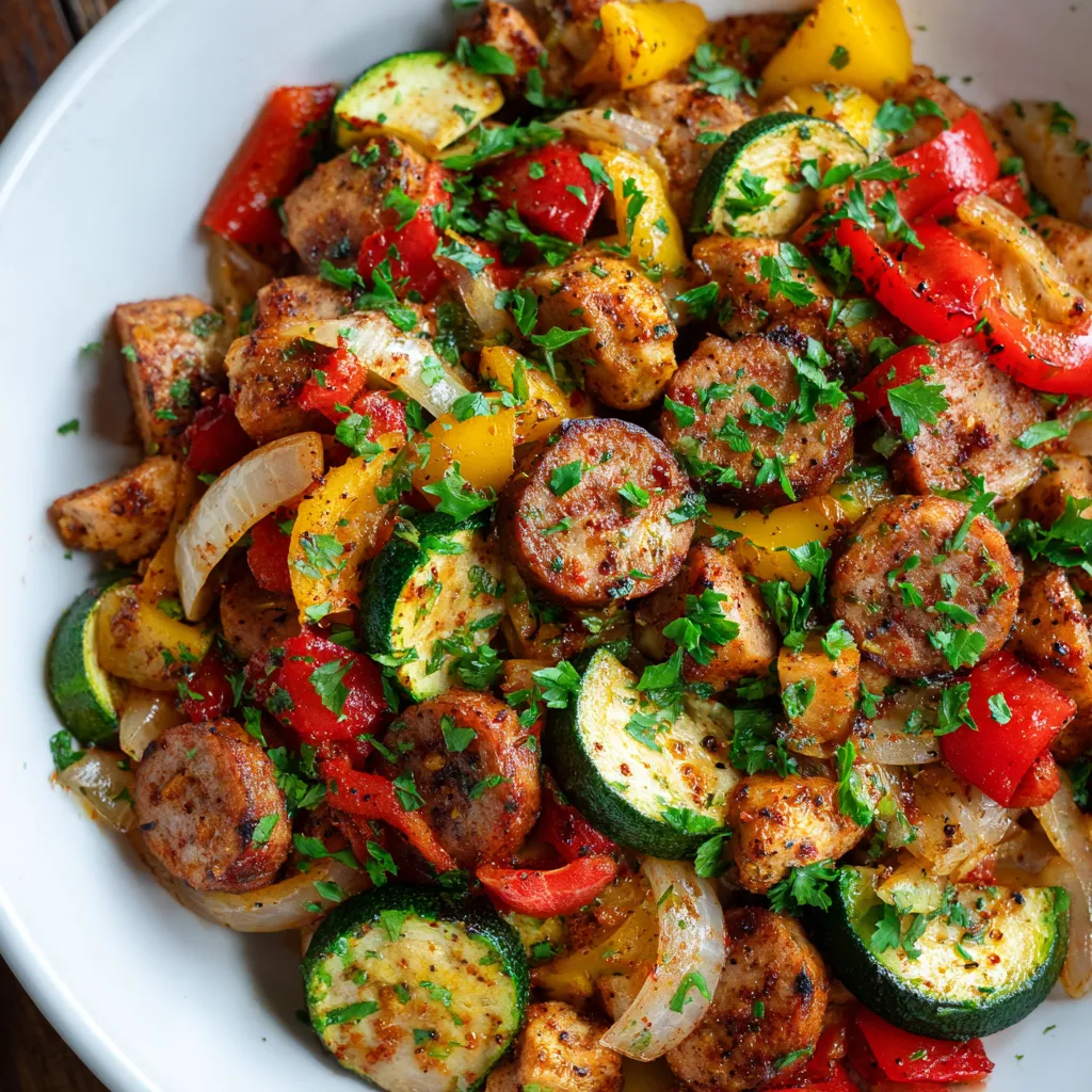 A bowl of food with chicken, zucchini, peppers, and onions.