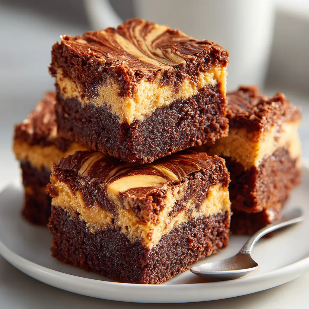 A plate of brownies with peanut butter and chocolate swirls.