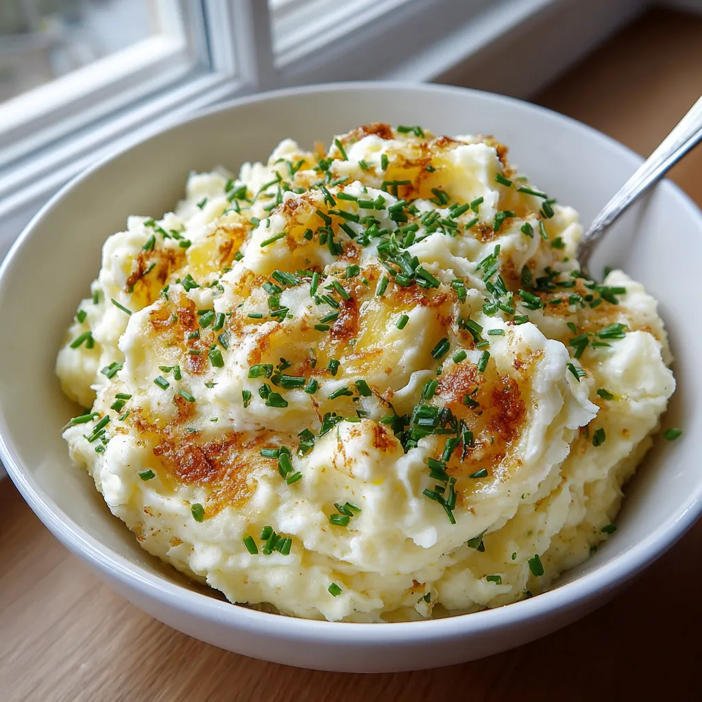 A bowl of garlic mashed potatoes with a ricotta twist.