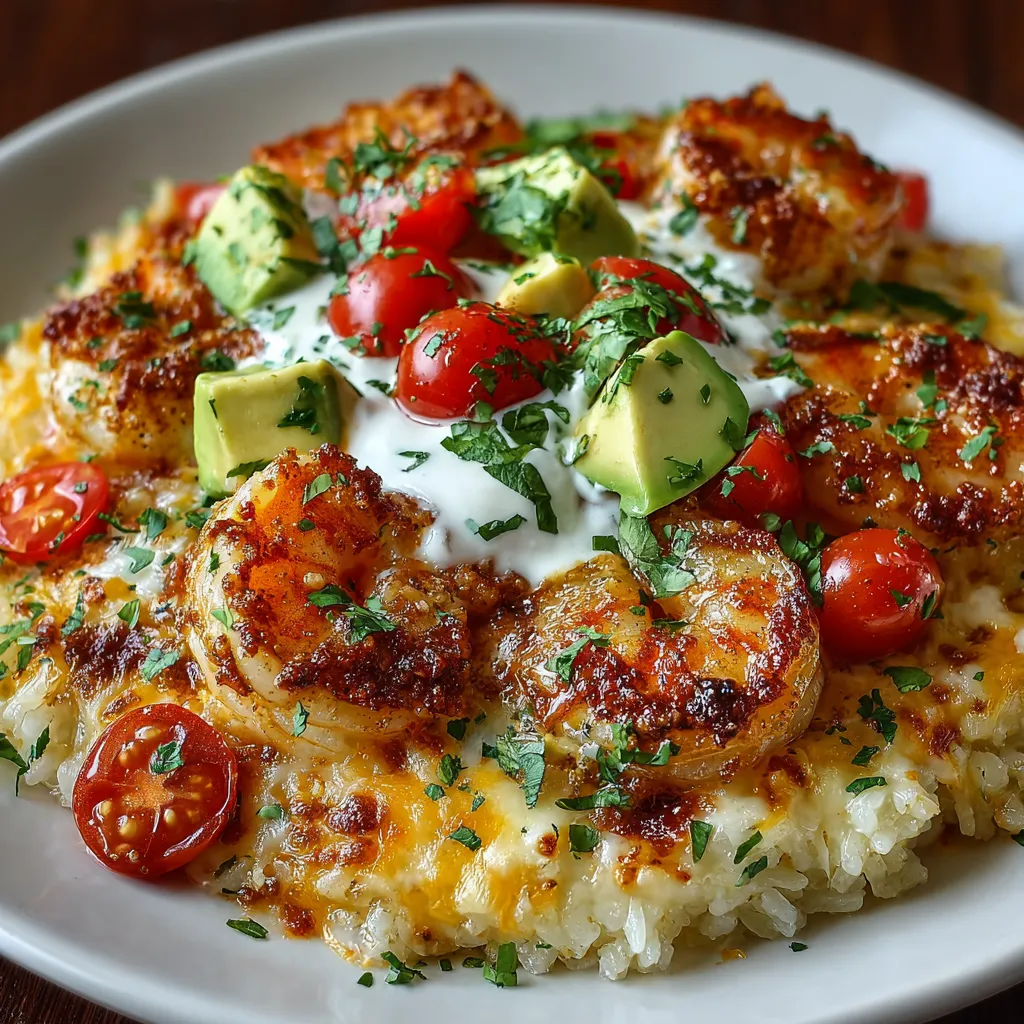 A plate of food with shrimp and avocado.