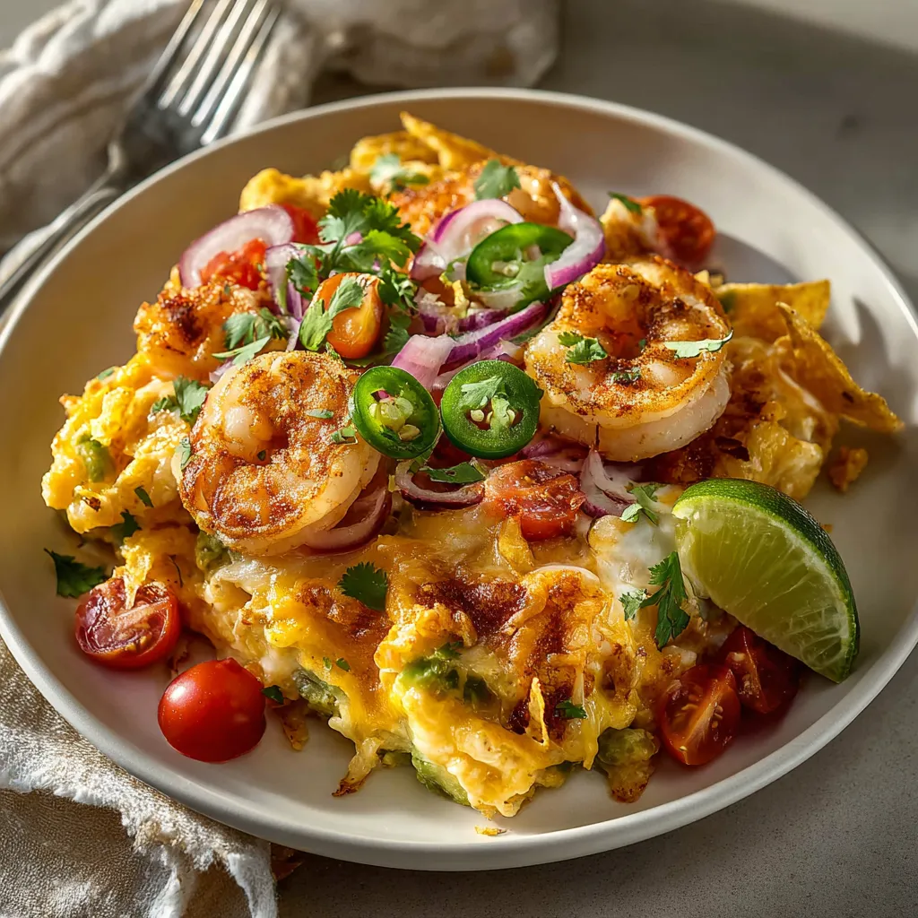 A plate of food with shrimp, tomatoes, onions, and peppers.