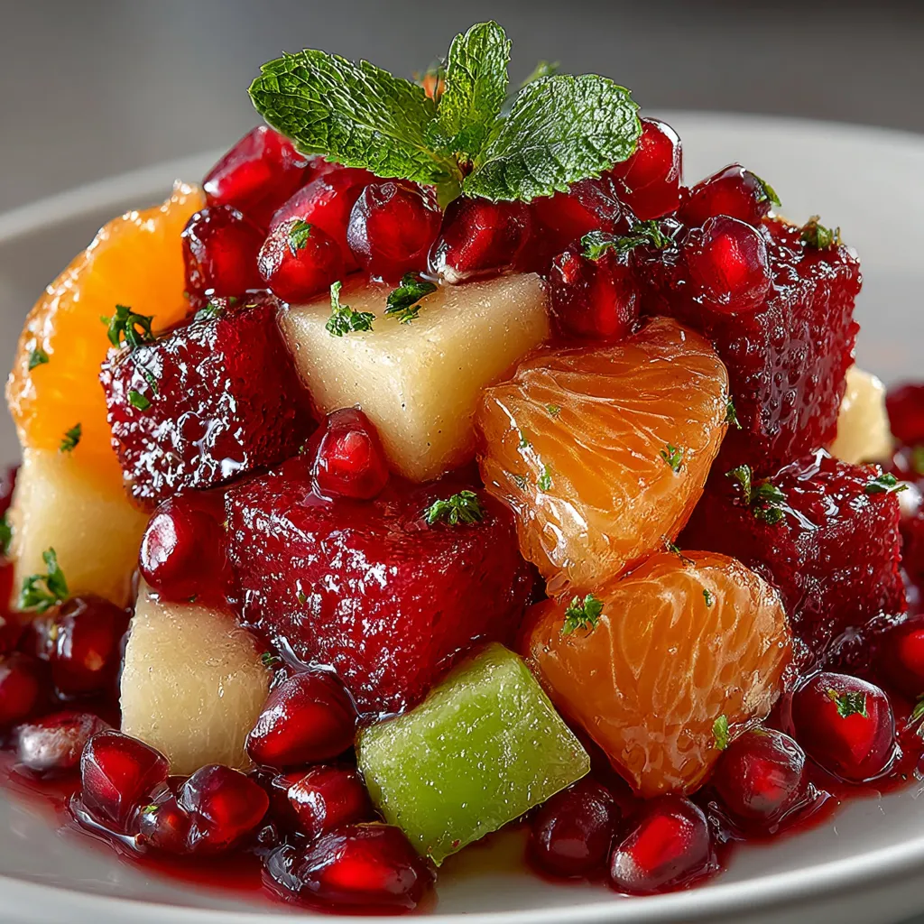 A plate of fruit salad with pomegranate and cranberry.