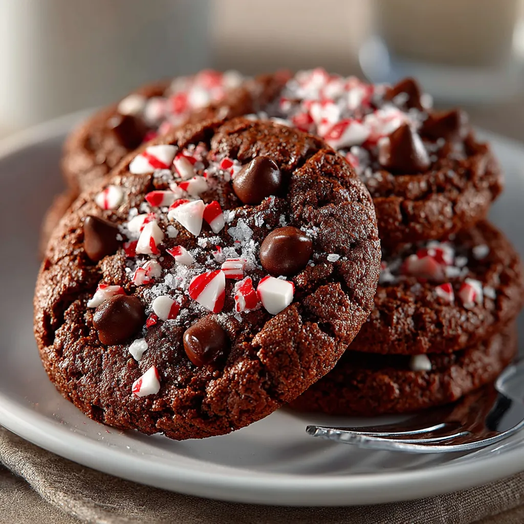 A plate of chocolate cookies with red and white stripes.