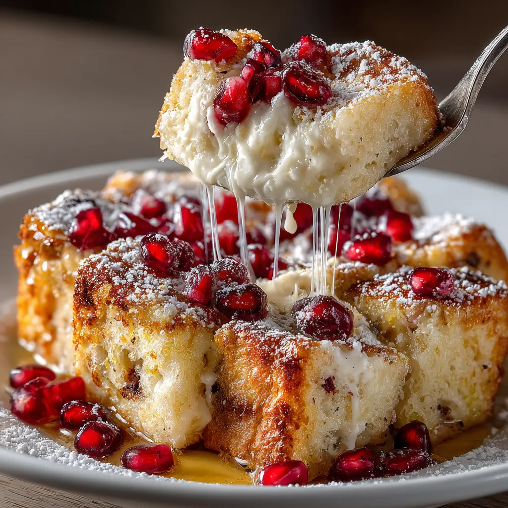 A plate of French toast with pomegranate and ricotta cheese.