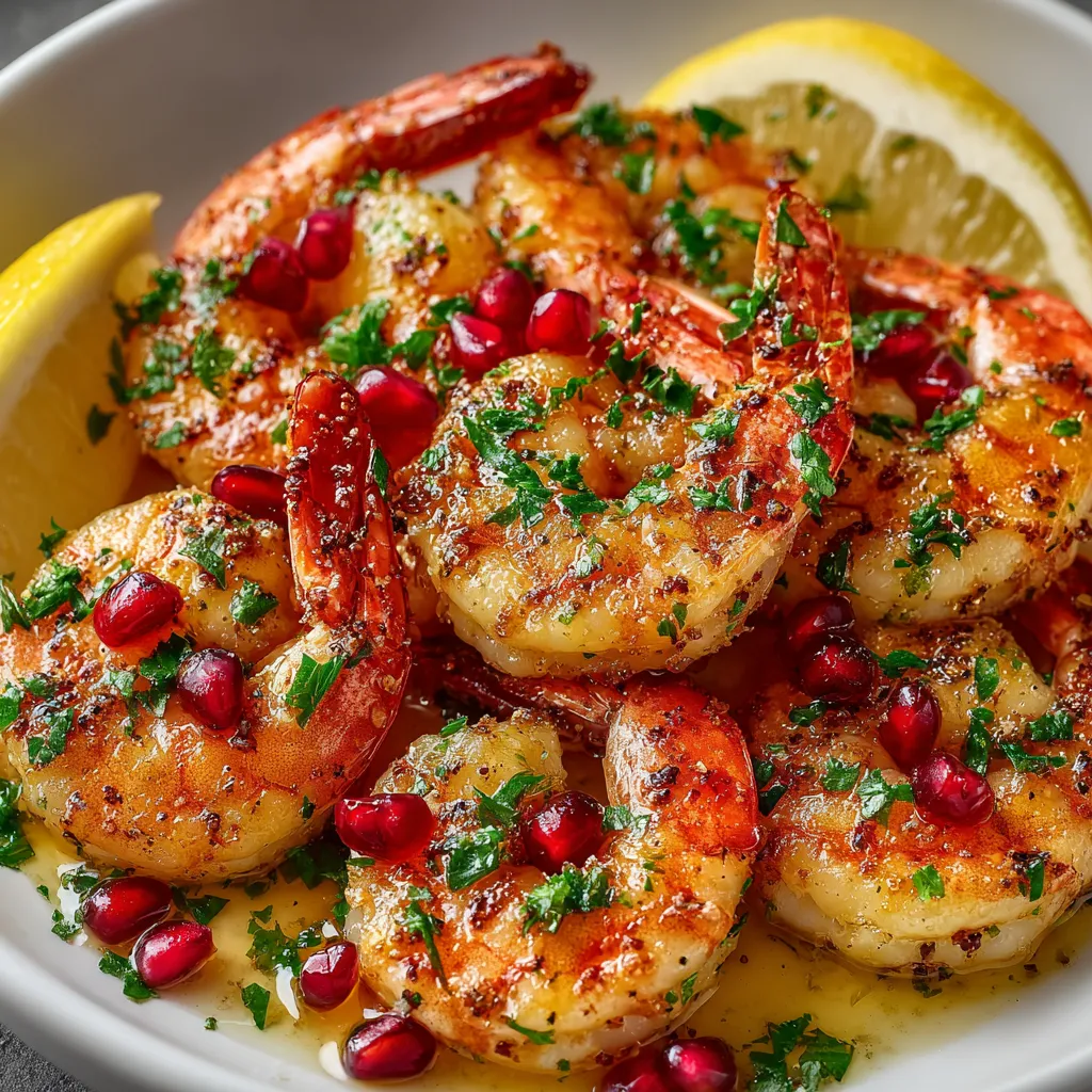 A bowl of shrimp with garlic butter and pomegranate glaze.