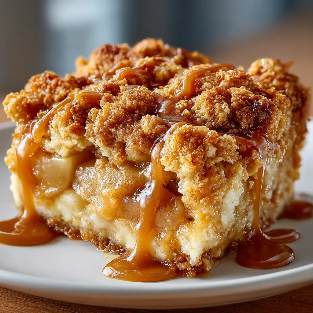 A slice of cinnamon apple crumble with peanut butter topping.