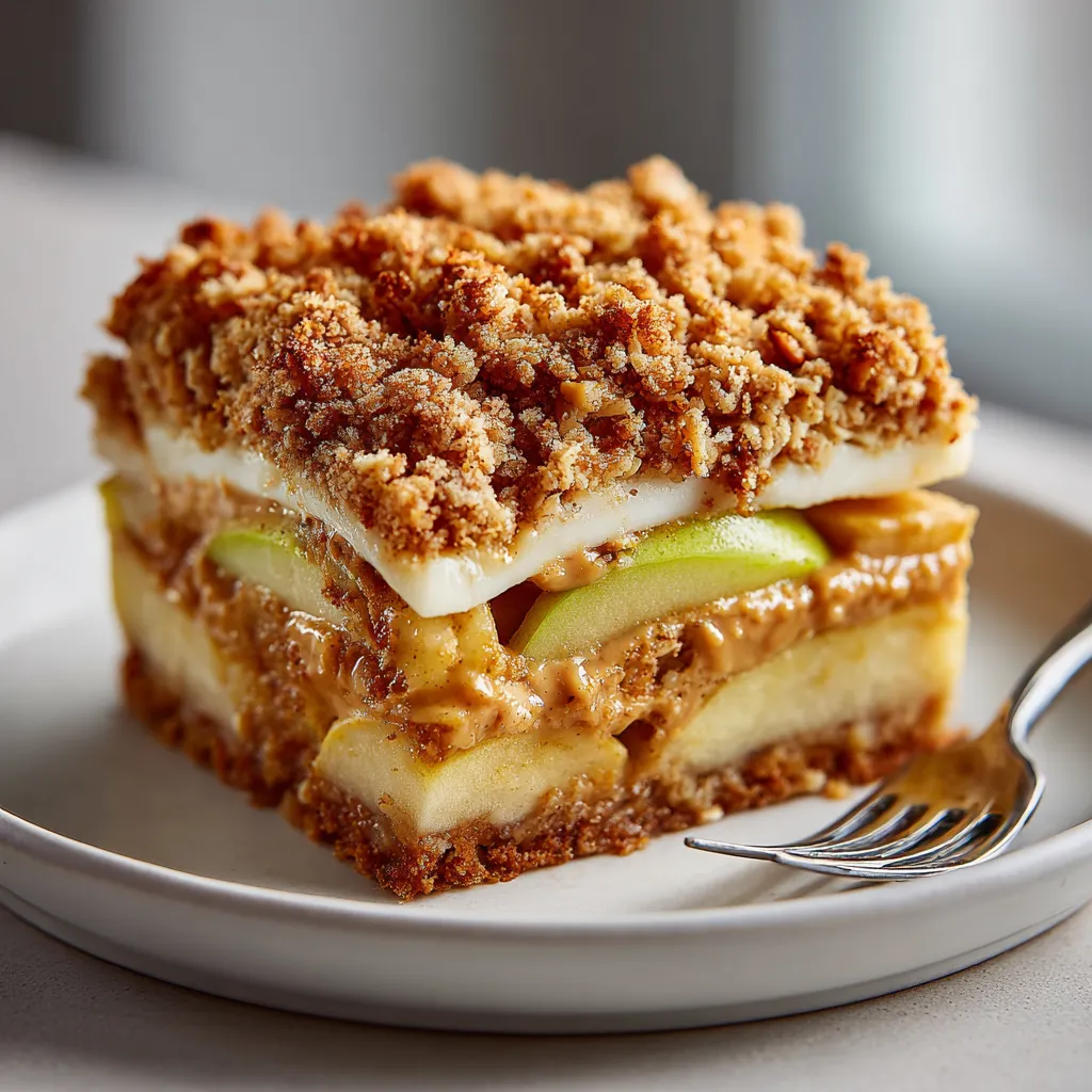 A slice of cake with peanut butter and apple on top.