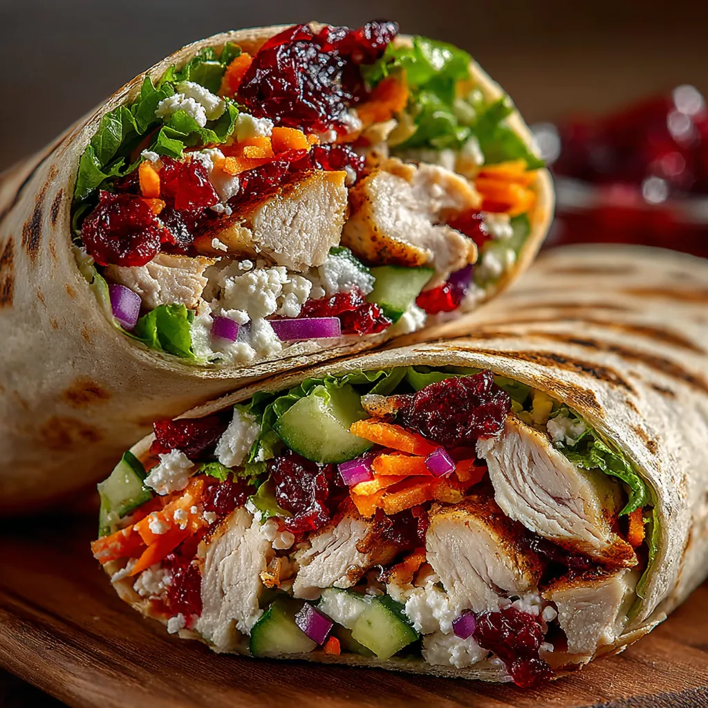 A wrap with chicken and cranberry sauce.
