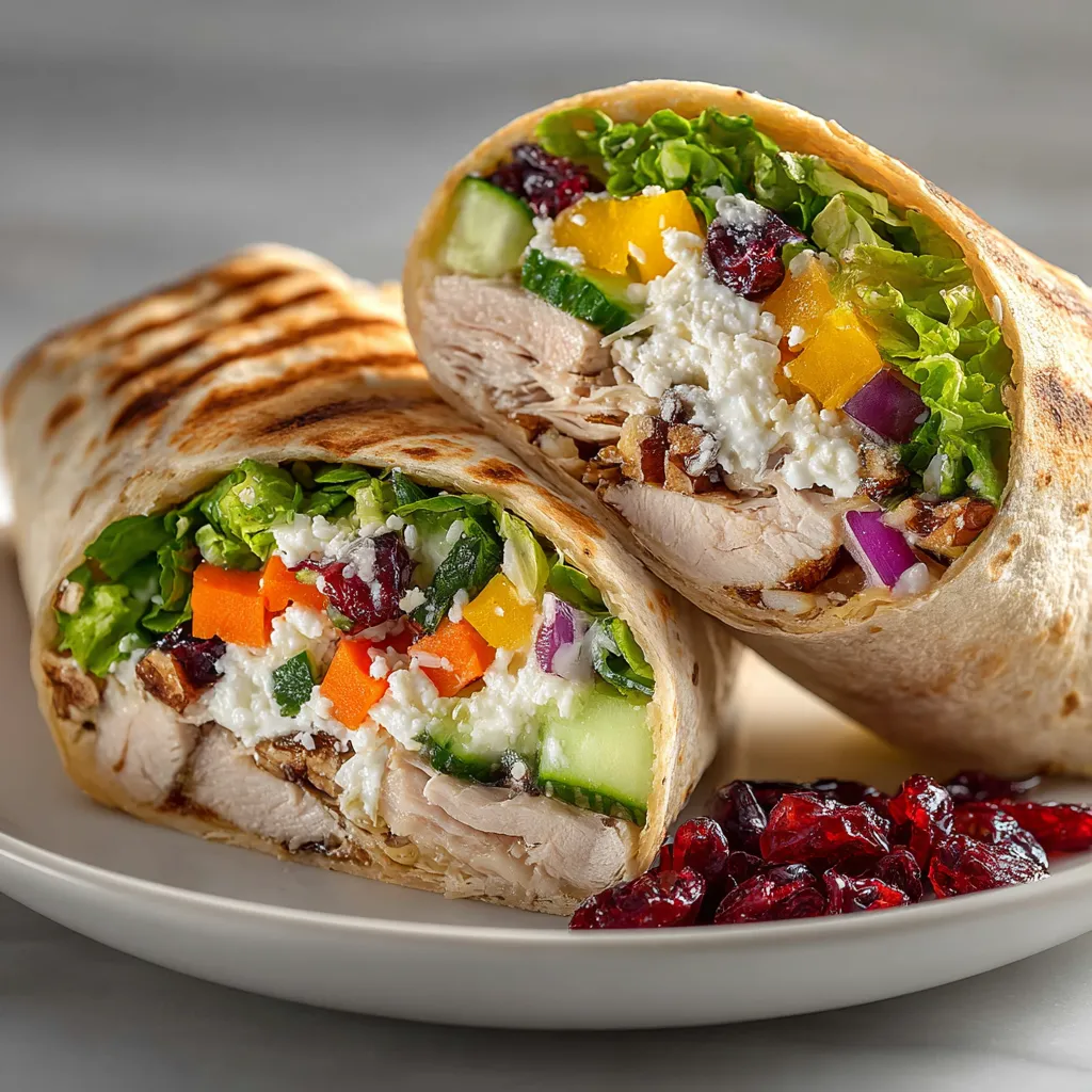 A plate with a wrap sandwich and a side of fruit.